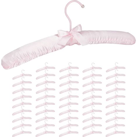 50 x Kleiderbügel Satin, weich gepolstert, 360° drehbarer Haken, dekorative Schleife, Satinbügel, 38 cm breit, rosa (1/5)