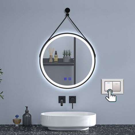 700mm Black Framed Round LED Bathroom Mirror with Demister,Dimmable 3 Colour and Memory, 2 Touch Buttons/Wall Switch, with a Strap (1/5)