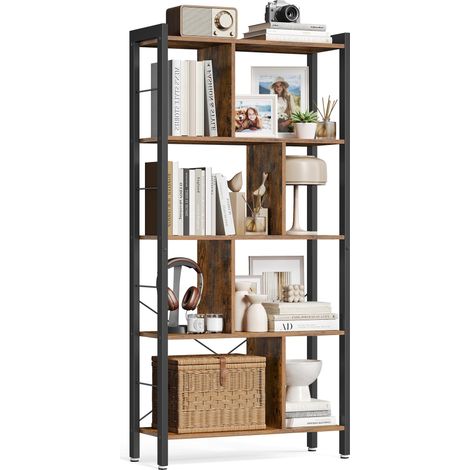 Étagère de Bureau à 5 Niveaux, Bibliothèque Ouverte sur Pied, Grande, Structure Métallique, Style Industriel, Marron Rustique et Noir d'encre LBC12BX (1/5)