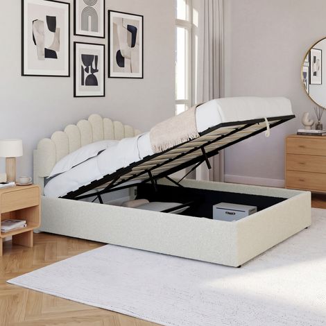 Cama doble NOELIE con cabecero y somier 140 x 190 cm tejido bouclette blanco (1/5)