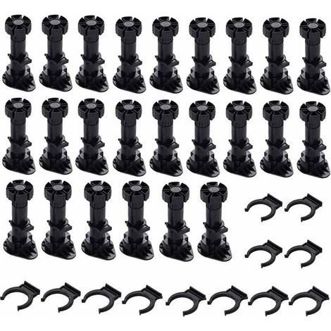 24 Pieces Plastic Cabinet Feet, Furniture Feet, Adjustable Furniture Feet, Black Plastic Furniture Feet with Clip Fixing Base for Kitchen Furniture, Cabinets and Sofas (80mm-100mm) (1/4)
