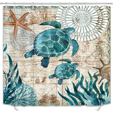 Rideau de douche océan 180 x 180 cm motif tortue marine – tissu imperméable imprimé avec 12 crochets faciles à installer (1/5)