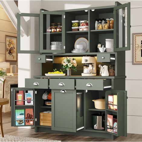 Buffet de cuisine 120x40x180 cm avec LED RGB USB, 3 portes vitrées, 3 tiroirs, étagères réglables, MDF vert (1/5)