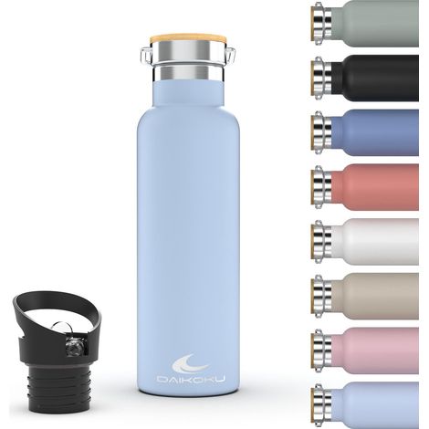 Daikoku Bottiglia, Bottiglia Termica in Acciaio Inossidabile a Doppia Parete, Termos per Bevande Calde o Fredde per Ore, Due Tappi, Blu Chiaro, 500 ML (1/5)