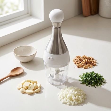 Mini coupe-légumes manuel en acier inoxydable, hachoir compact multifonction pour oignon, ail et légumes, accessoire de cuisine pour préparation des repas (1/5)
