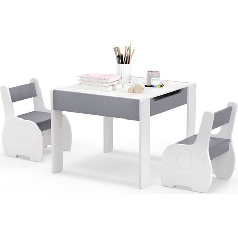 Set di tavolo e sedie per bambini con deposito lavagna rimovibile, Set di mobili 3 PCS per ragazzi e ragazze Bianco e grigio (1/3)