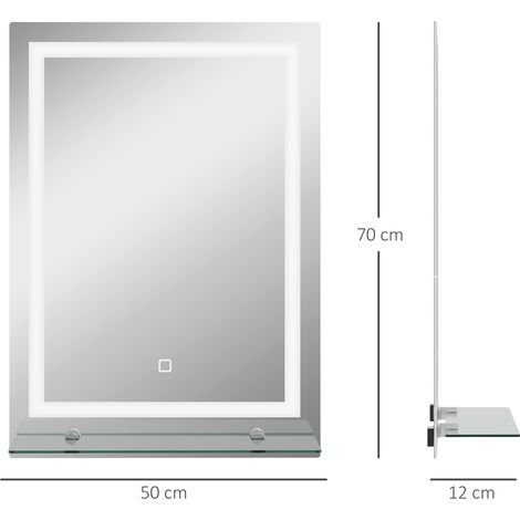 Miroir de salle de bain LED réglable à 3 couleurs (avec étagère en verre), 50 x 12 x 70 cm, argent (1/5)