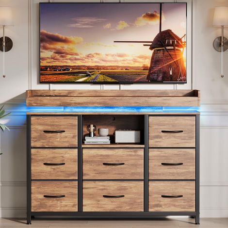 Cassettiera 108x30x85.5 cm con 8 cassetti in tessuto, illuminazione LED RGB e presa di corrente Moderno - tessuto - naturale