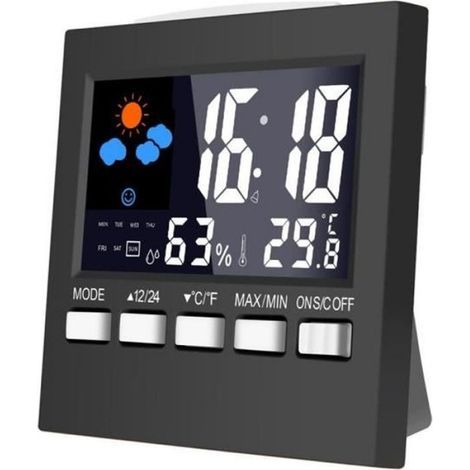 Wecker, Wetterstation, Thermometer, Hygrometer, Uhr und Alarm, LED-Farbdisplay mit Hintergrundbeleuchtung (Batterie nicht enthalten) (1/5)