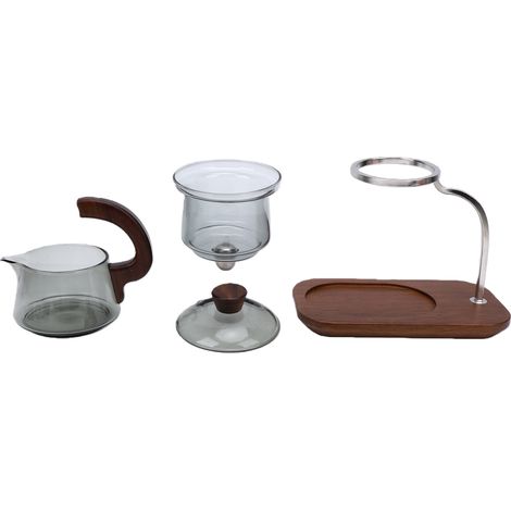 Service à thé avec théière, infuseur à séparation d'eau, tasse Fairness, kit de préparation du thé, verre borosilicate haute densité, manche en bois massif, gris fumé (1/5)