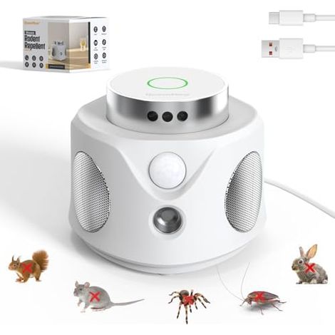 Ultrasons Souris et Rats avec 3 Emetteurs à Ultrasons, Modes Anti Répulsif Brancher 9 Lumières Stroboscopiques, 360° Rongeurs pour Rat Araignée Moth Blanc -