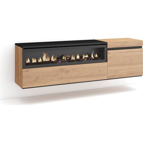 Skraut Home – Meuble TV suspendu mural chêne et noir – Grand espace de rangement 150x35x45cm – Pour TV jusqu'à 65" – Cheminée électrique intégrée (1/5)