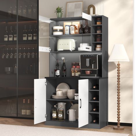 Credenza alta da cucina con 2 ante, 5 vani e ripiani laterali regolabili con LED, in MDF, 100x47x187 cm