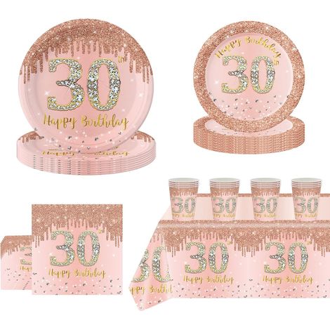 69 Pièces De Vaisselle D'Anniversaire En Or Rose, Assiettes En Papier Et Serviettes Pour Femmes, Nappes, Gobelets En Papier Pour Fête Du 30e Anniversaire, Fournitures De Fête D'Anniversaire (1/5)