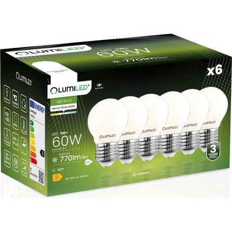6 lampadine LED E27 a sfera P45 7W = 60W 806lm 4000K Neutro FILAMENTO LUMILED a 360°