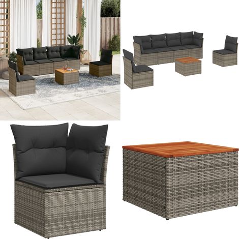 7-tlg. Garten-Sofagarnitur mit Kissen Grau Poly Rattan - Gartenmöbel Set - Esszimmergarnitur - Outdoor Möbel - Lounge Sofa - Rattan Gartenmöbel - Home & Living (1/5)