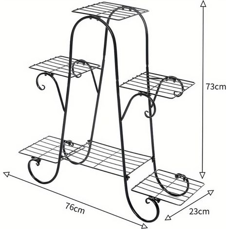 Black 6-Tier Metal Plant Stand with Fabric Pots, Geometric Iron Flower Rack, Indoor Outdoor Freestanding Plant Shelf for Balcony Patio Home Decor, 76x23x73cm (1/5)