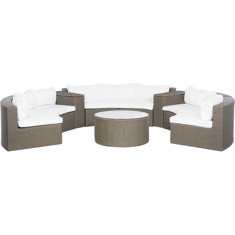 Conjunto de jardín de ratán sintético marrón con sofá en forma de U 9 plazas cojines blancos mesa de café Severo (1/5)