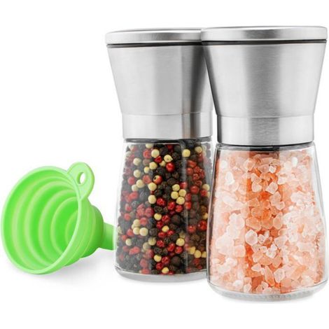 Lot 2 Moulins à poivre et sel,manuel,céramique réglable,verre sans BPA,couvercle inox,avec support pour cuisine (1/5)