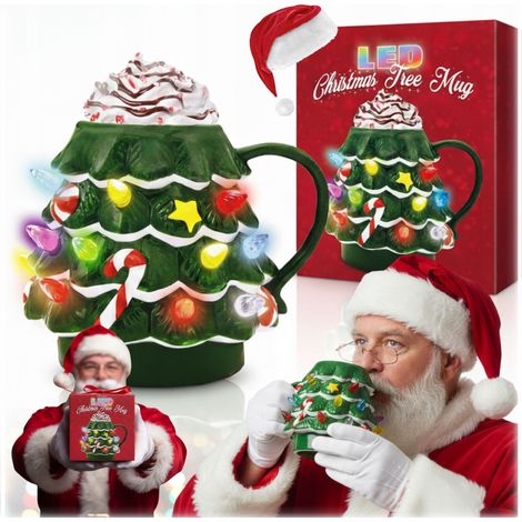 Tazza natalizia con albero di Natale luminoso a LED e Babbo Natale, regalo, 200 ml (1/5)