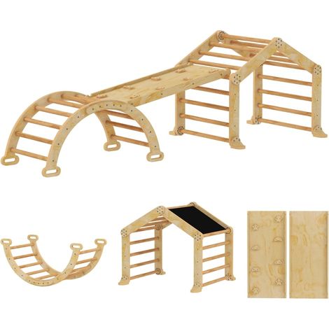 Circuito de motricidad 9 en 1 de madera para niños con tobogán, rampa, escalera y pizarra (1/4)