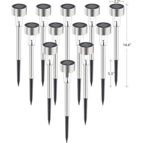 Juego de 12 farolas solares de acero inoxidable, impermeables IP44, encendido y apagado automático, para jardines, patios, caminos y callejones (blanco cálido)