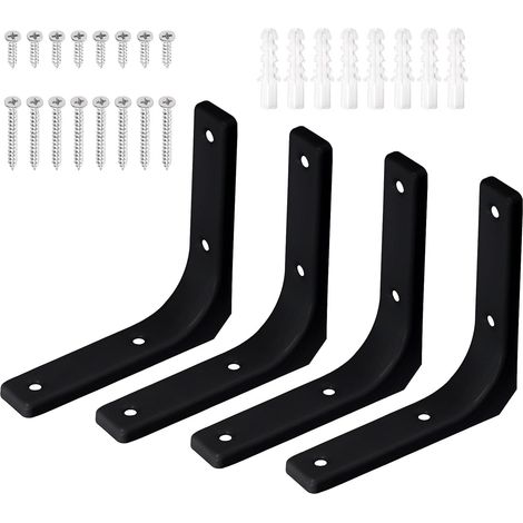 Lot de 4 supports d'étagère murale en fer de 10,2 x 10,2 cm (L x H), support d'étagère flottante, joint décoratif en acier L contient des vis de 16/40 mm, chevilles pour la maison, noir (1/5)