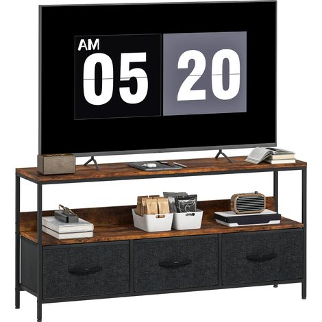 Meuble TV - HOMCOM - pour téléviseur jusqu'à 55 pouces - 1 étagère, 3 tiroirs pliables - 120 x 29 x 56 cm - brun rustique
