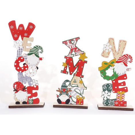 Set de 3 décorations de Noël en bois, lettres colorées et dessins animés, poupées sans visage DIY, ornements festifs pour sapin et maison (1/5)