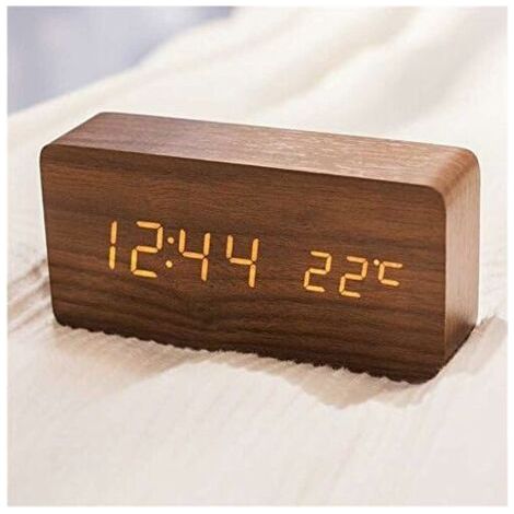 Réveil moderne en bois - LED Réveil en Bois Numérique Réveil Bureau Date Température Affichage Humidité 12/24 Heure - Pour la maison, la chambre à coucher, le bureau (Marron) -Autres