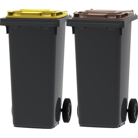 ESE France Lot de 2 Conteneurs Poubelles à déchets 2 roues - 120L - 100% Recyclé - Gris avec Couvercle Jaune et Marron - Fabriqué en France (1/5)