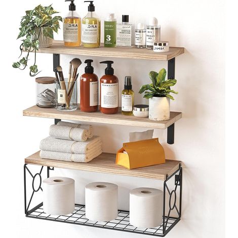 Etagere Murale - Bois Paulownia - Panier Rangement Fil Metallique - Pour Salle De Bain Cuisine Salon Bureau - Lot De 3