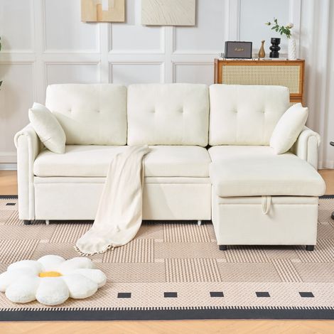 Canapé d'angle convertible 3 places 206x130x85 cm, méridienne réversible, coffre de rangement, couchage 180x124 cm, chenille, beige (1/5)
