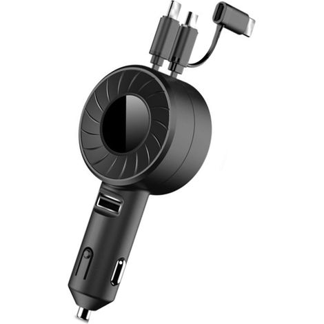 Chargeur de voiture USB 3 en 1 rétractable, 150 cm de long, en plastique, avec allume-cigare portable pour automobile, noir. (1/5)