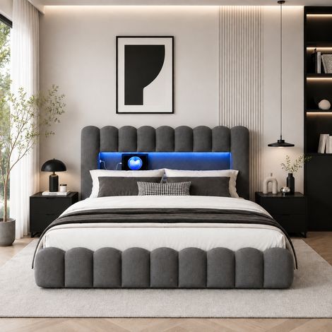 Lit double rembourrée 180x200cm avec sommier à lattes, lit coffre avec rangement hydraulique, LED & USB, lin gris