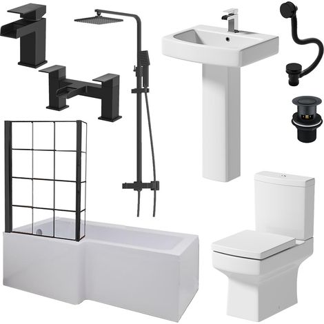 Complete Bathroom Suite Black 1700mm L Shape LH Bath Screen Basin WC Shower Taps (1/5)