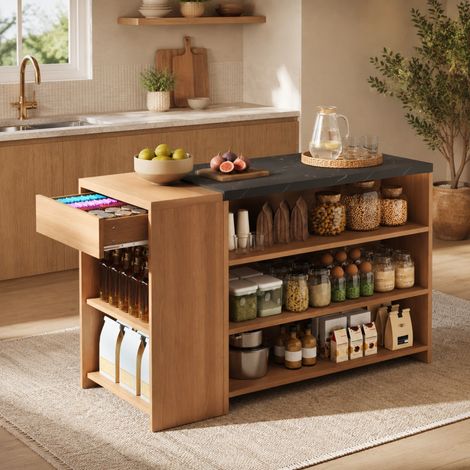 Kücheninsel mit Bartheke und Esstisch 140 x 60 x 90 cm MDF Marmoroptik Schwarz/Natur OKWISH (1/5)