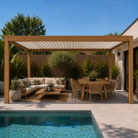 Pergola Bioclimatique Aluminium Autoportante Aspect Bois 5x3,5 Manuelle S ORIAL France (1/5)