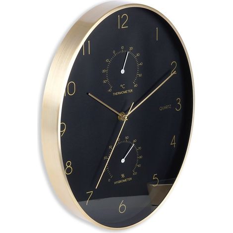 Reloj de pared negro dorado con termómetro e higrómetro, 27 x 34,5 cm. (1/5)