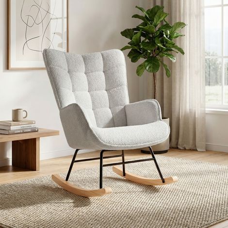 Rocking chair, fauteuil à bascule, chaise allaitement, confortable, relaxant, dossier haut, pieds en bois massif, mousse haute densité, flanelle - Gris clair