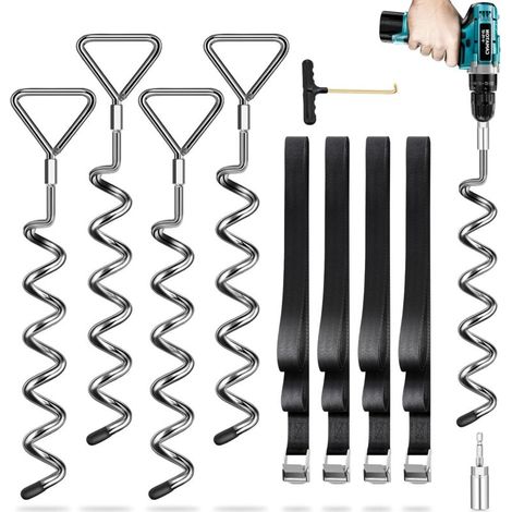 Lot de 6 piquets d'ancrage au Sol pour Trampoline – Ancrage au Sol avec 6 Sangles (Longueur 2,5 m) – Les piquets Heavy Duty résistent au Vent élevé, idéal pour Trampoline en Plein air (1/5)