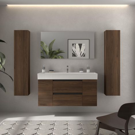 Meuble de salle de bain BEQUIA PLUS METAL 120cm Noyer Vasque Veneto Porcelaine Centrale 1P (1/5)