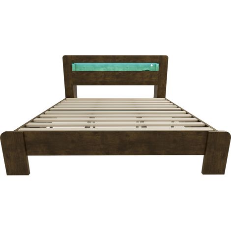 Cama de madera 180 x 200 cm con cabecero con almacenaje, LED y enchufes, efecto vintage (1/5)