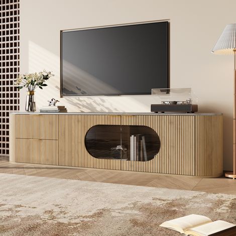 Mobile TV 172x38x45,5 cm con ante 3D in rilievo e vetrina ovale, design moderno per soggiorno, MDF e vetro, naturale