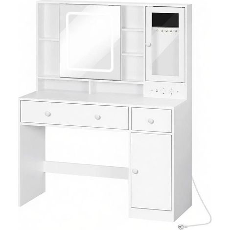 Coiffeuse LED avec miroir coulissant 45 x 52 cm, rangements modulables, 2 prises, USB-A et USB-C, blanc, 108 x 40 x 139 cm, pour chambre - CHICFURN (1/5)