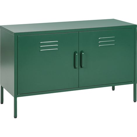 Aparador de metal verde 100 x 40 cm 2 puertas estantes protectores patas Uria (1/5)