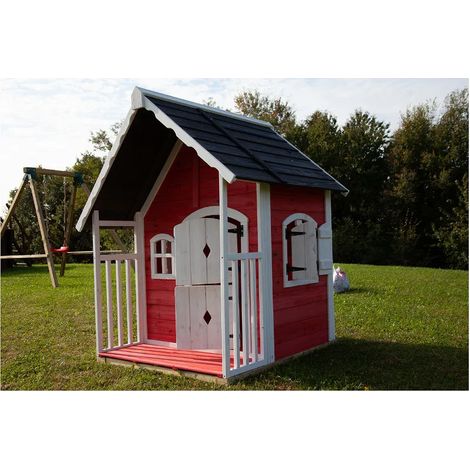 Casetta gioco bambini in legno Anny 113x97 cm impregnata rossa con pavimento incluso da giardino - Esterni da Vivere (1/5)