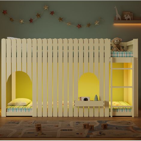 Lit mezzanine enfant moderne 90x200 cm, bois massif et MDF naturel, avec barrières, échelle 3 marches et LED (1/5)