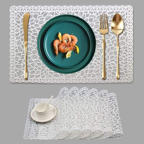 6er-Set wasserfeste, weiße Kunststoff-Tischsets für den Esstisch. Leicht zu reinigen und abwaschbar. PVC-Vinyl-Tischsets für die Küche.