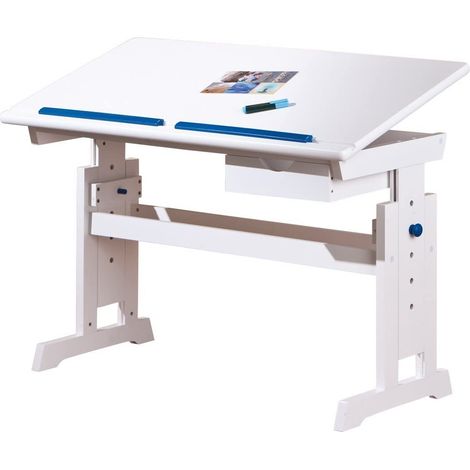 Bureau réglable en hauteur - Bureau enfant - Bureau élève - Inclinaison - Support livre - Bois massif laqué blanc - Applications rose et bleu (1/5)